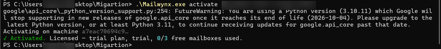 Mailwynx activation in a terminal, showing 'Activated. Licensed — trial plan, 0/3 free mailboxes used.'