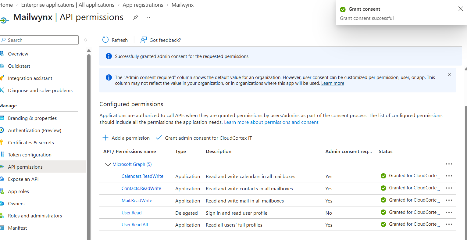 API permissions list showing Mail.ReadWrite, Calendars.ReadWrite, Contacts.ReadWrite and User.Read.All all granted