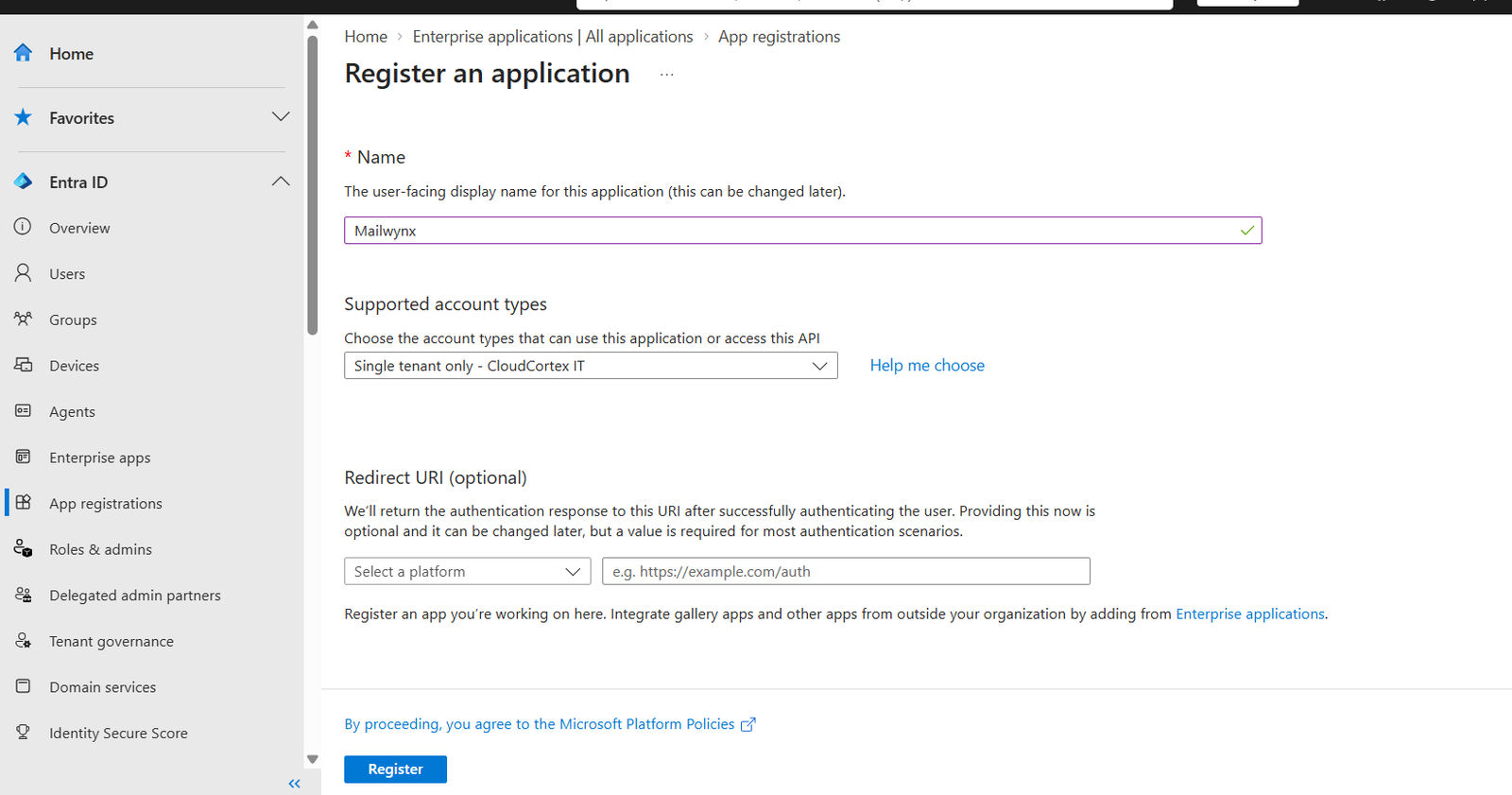 Microsoft Entra 'Register an application' page with the name Mailwynx and Single tenant selected