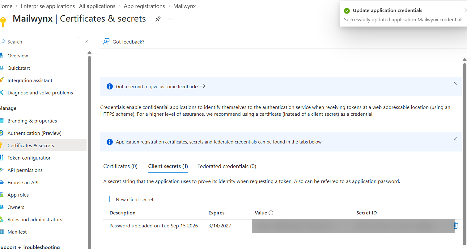 Certificates and secrets page in Entra, with a client secret Value ready to copy