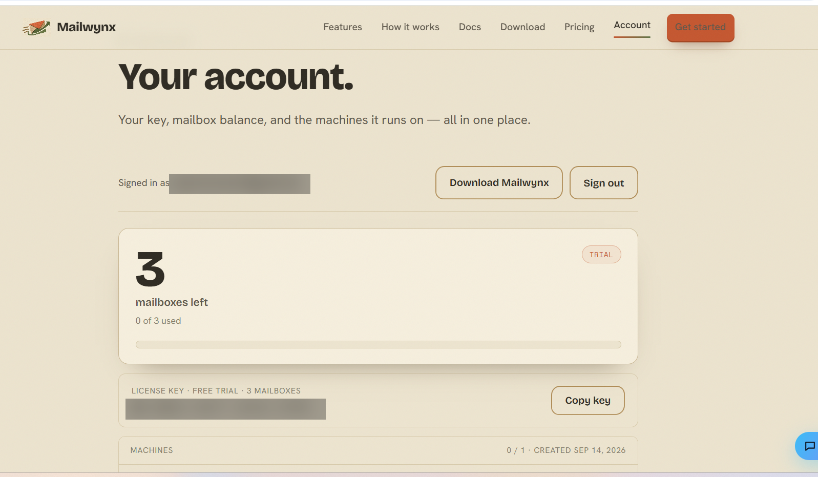 Mailwynx account dashboard showing the license key and how many of the 3 free mailboxes have been used