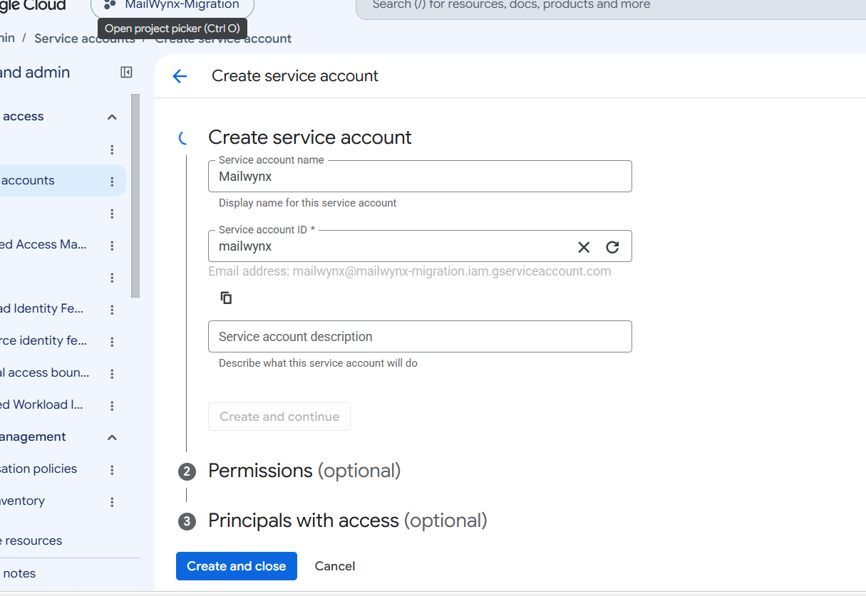 Google Cloud 'Create service account' form with the name Mailwynx