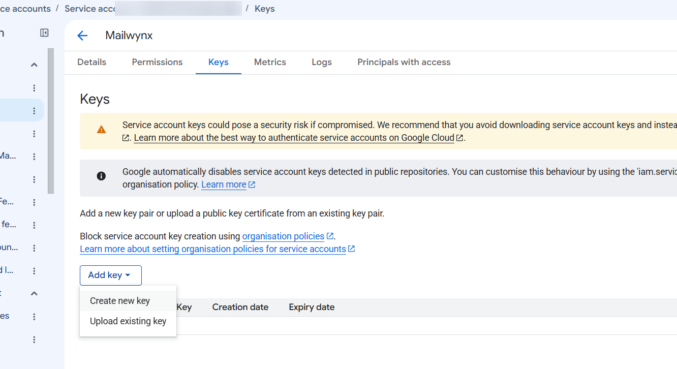 Service account Keys tab with the Add key menu open on Create new key