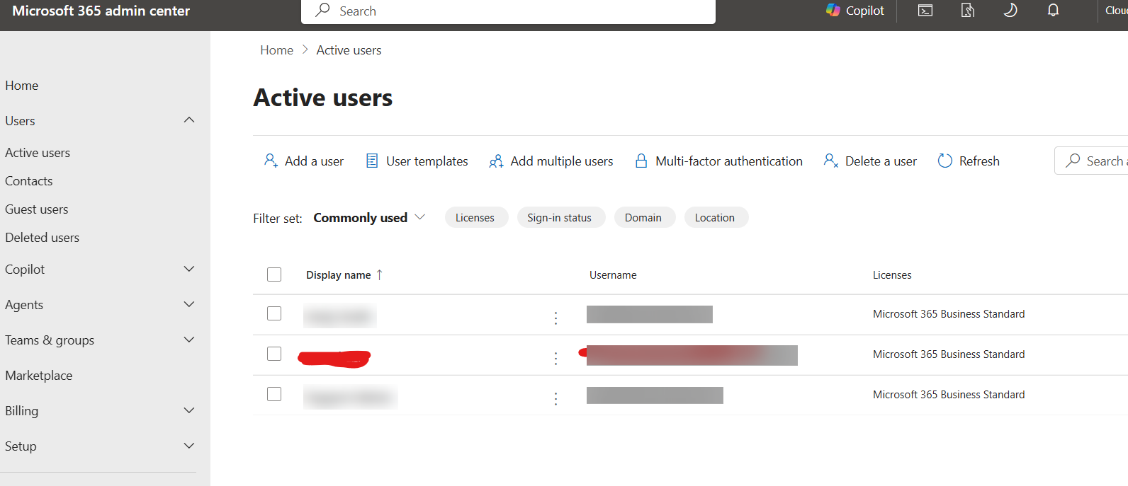 Microsoft 365 admin center Active users list — the mailboxes available to map