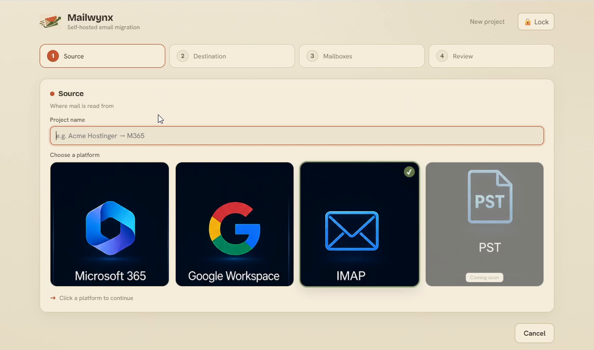 Mailwynx new-project screen with Microsoft 365, Google Workspace, IMAP and PST source tiles