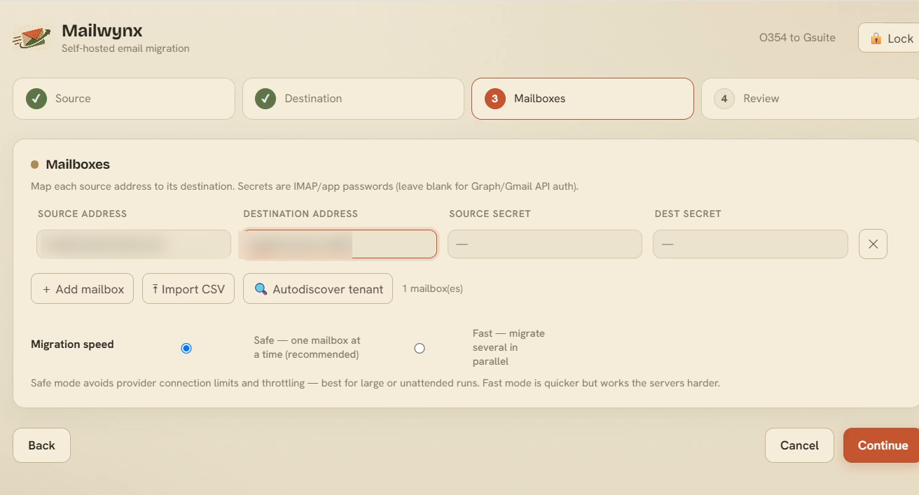 Mailwynx mailbox-mapping step with source and destination address columns and a migration-speed toggle